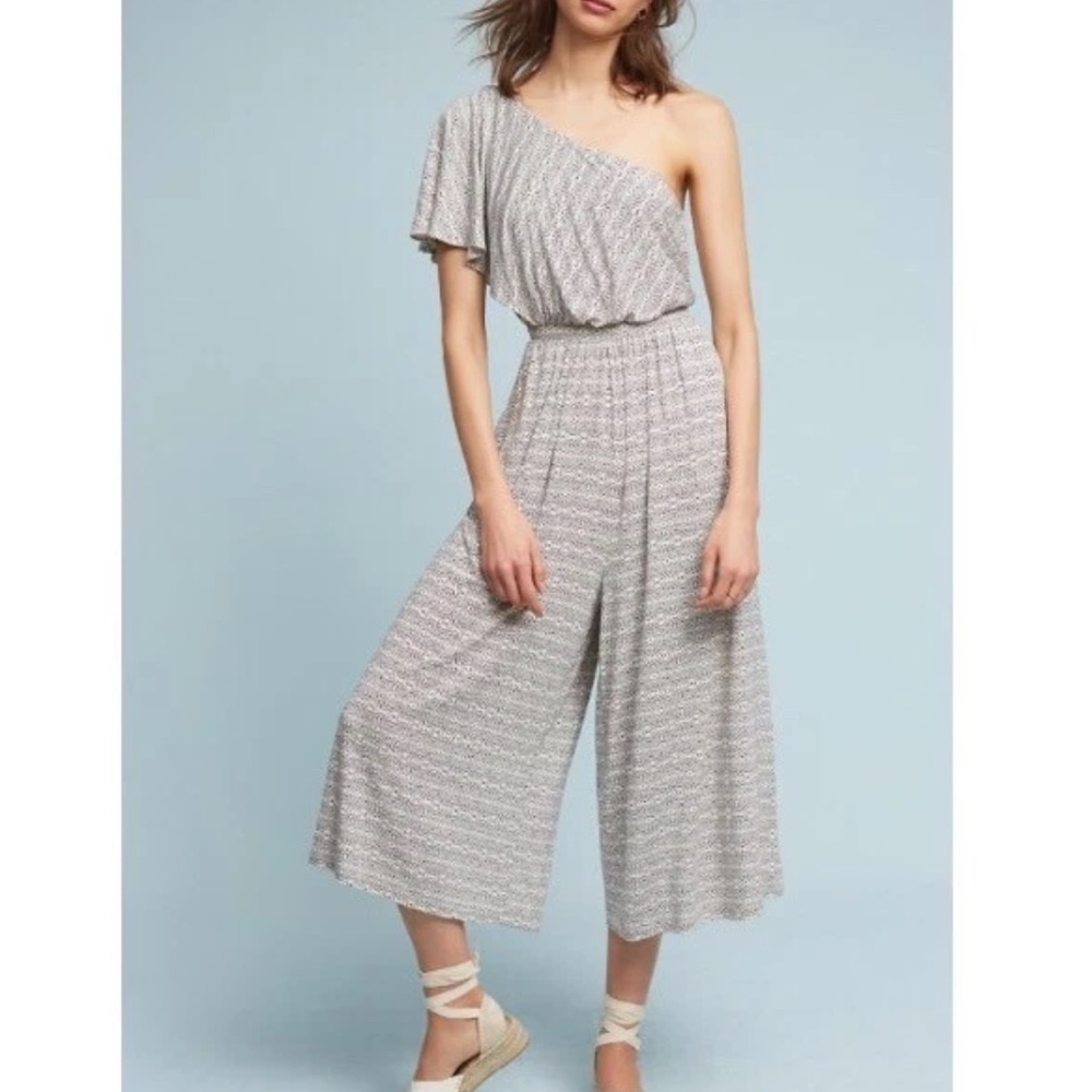 Maeve Anthropologie One Shoulder Geometric Print Cropped Wide Leg Jumpsuit M